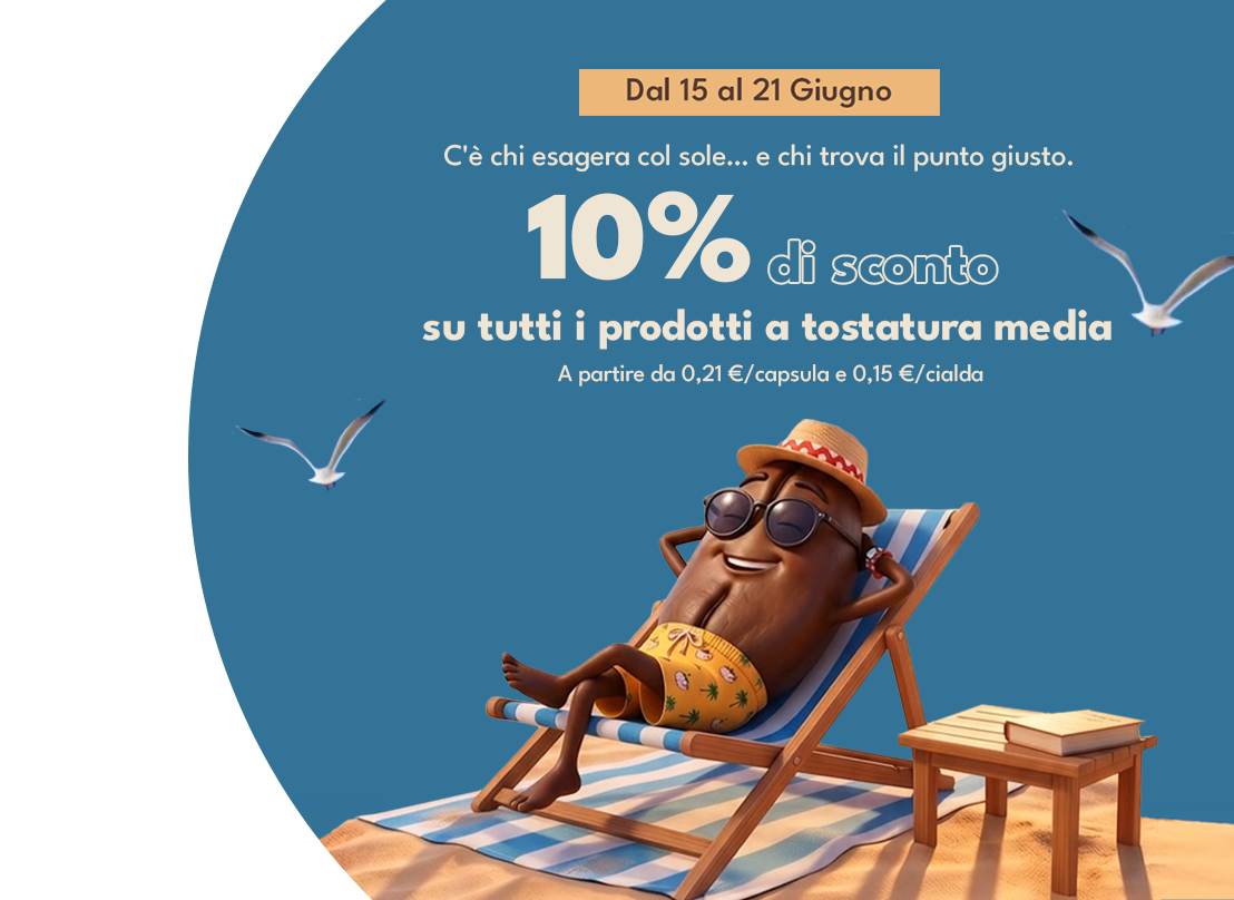 Banner per promozione caffè a tostatura media. Chicco di caffè su sedia da mare che prende il sole